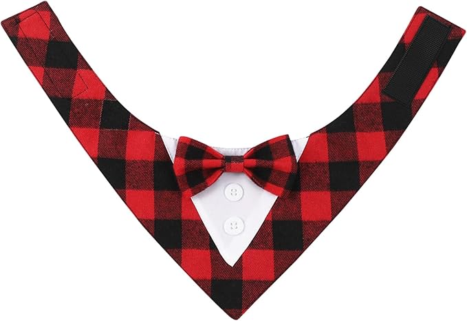 Adjustable Red Plaid Christmas Dog Tuxedo Bandana with Bow Tie - Holiday Pet Outfit Costume for Dogs XS to XL