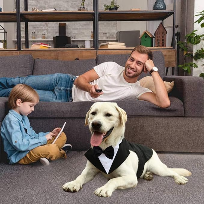 Kuoser Dog Tuxedo Dog Suit and Bandana Set, Dogs Tuxedo Wedding Party Suit, Doggy Prince Bow Tie Shirt Formal Pet Wedding Attire for Small Medium and Large Dogs Golden Retriever Samo Bulldogs