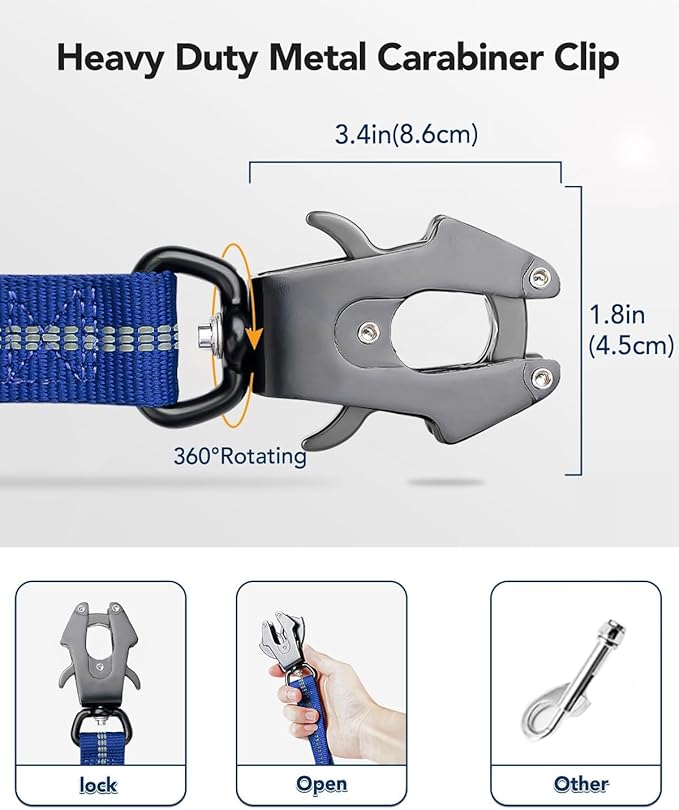 Joytale Tactical Dog Leash Heavy Duty, 4-6FT Shock Absorbing Bungee Lead with 2 Padded Handle, Metal Carabiner Clip, Car Seatbelt, Strong No Pull Leash for Medium Large X-Large Dogs, Navy Blue
