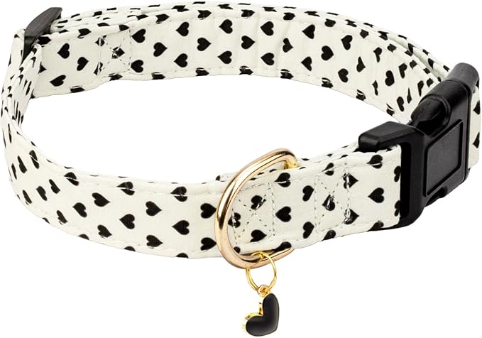 Cotton Dog Collar,Soft and Cute Puppy Collars with Hearts Patterned Design for Girl Female Boy Dogs,Adjustable Buckle Pet Collar for Small Medium Large Dogs (Beige Love Heart, S)