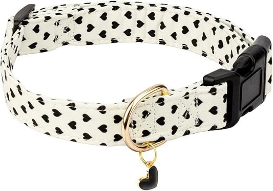 Cotton Dog Collar,Soft and Cute Puppy Collars with Hearts Patterned Design for Girl Female Boy Dogs,Adjustable Buckle Pet Collar for Small Medium Large Dogs (Beige Love Heart, Medium)