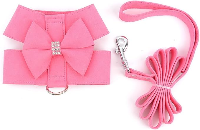 SELMAI Small Pet Dog Cat Bling Rhinestone Harness and Leash Set Bow Girls Soft Ultra Suede Leather, Adjustable/No Pull
