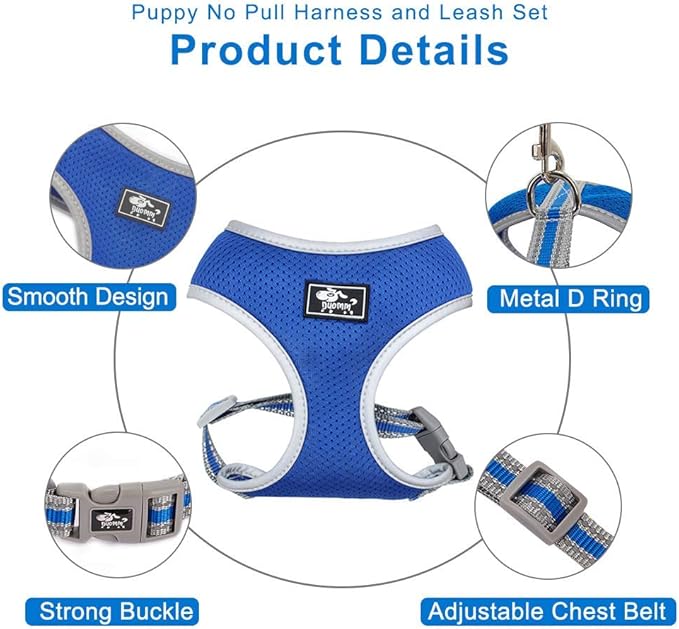 Puppy Harness and Leash Set - Dog Vest Harness for Small Dogs Medium Dogs- Adjustable Reflective Step in Harness for Dogs - Soft Mesh Comfort Fit No Pull No Choke (S, Blue)
