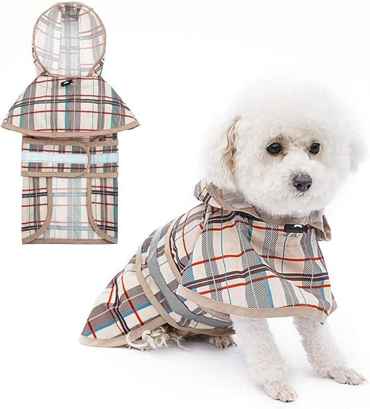KOOLTAIL Dog Raincoat Hooded Slicker Poncho with Leash Hole, Raincoat for Small Medium Dogs, Waterproof Doggie Rain Jacket with Reflective Strip, Adjustable Breathable Plaid Puppy Rainwear-Beige