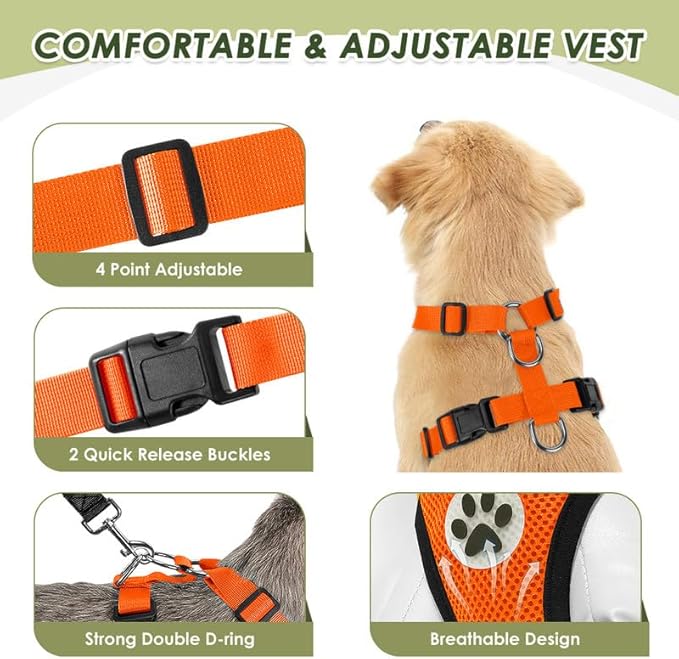 SlowTon Dog Seat Belt Harness for Car, Dog Car Harness Adjustable Mesh Breathable & Dog Seatbelt Safety Tether with Elastic Bungee for Small Medium Large Pets(Orange, Double Clip, XXXS)
