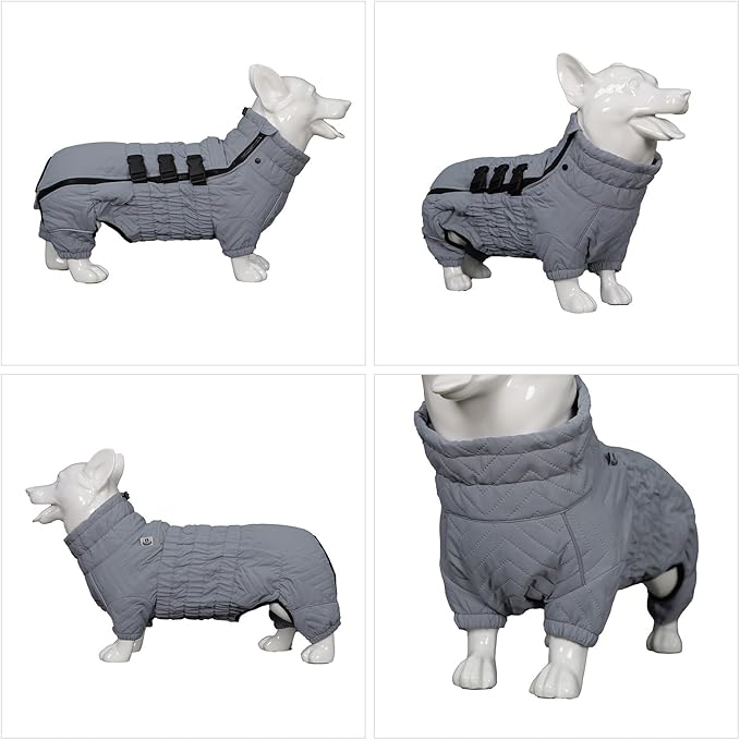 Lovelonglong Warm Dog Coat Double Layers Vest, 4 Legs Covered Windproof Waterproof Reflective Outdoor Skating Costume for Corgis Dachshund Gray D-L