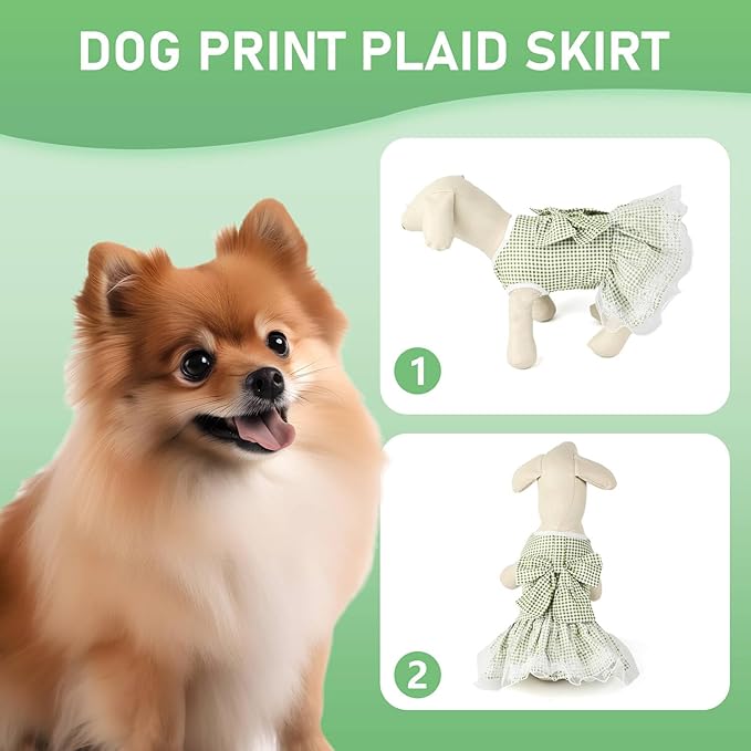 Dog Dress Plaid with Bowknot Cute Dress for Small Dog Cat Puppy Outfits with Harness Leash（ Green，Large ）