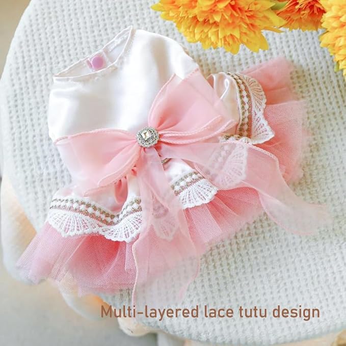 Pink Bow Tie Dog Dress for Small Dogs Girl Puppy Clothes with D-Ring Holiday Cat Harness Dresses Pet Party Outfit for Wedding Birthday Engagement Valentines (Pink Bow, Medium)