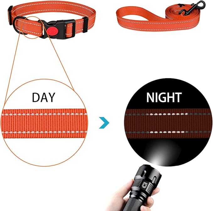Reflective Dog Collar and Leash Set with Safety Locking Buckle Nylon Pet Collars Adjustable for Small Medium Large Dogs 3 Sizes(Orange&L)
