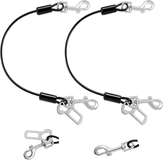 Dog Seat Belt for Car, 24" Chew-Proof Coated Wire Dog Car Leash Seat Belt, Dog Leash with Buckles and Latch, Safety Harness for Small, Medium, Large Dog or Cat, Travel, Black, 2 Pack