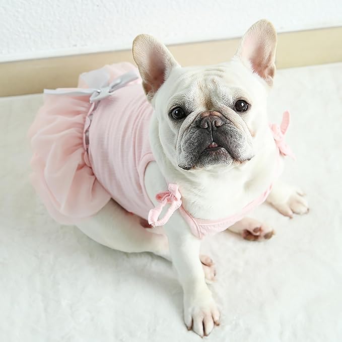 Moorfowl French Bulldog Princess Pink Tutu Dress Summer Vest Gauze Skirt for Pug Corgi Doggie Party Tulle Dress with Bowknot Fashion Outfits (XS(Back 11.02"-11.81",Chest 18.11"-19.68"))