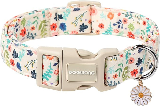 DOGWONG Spring Summer Floral Cotton Dog Collar, Pink Flower Dog Collar Durable Soft Fabric Pet Dog Collars Cute Girl Female Puppy Necklace for Small Medium Large Dogs
