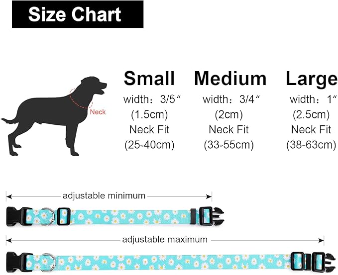 Adjustable Dog Collar with Patterns, Ultra Comfy Soft Nylon Breathable Pet Collar for Small Medium Large Dogs (L, Blue Daisy)