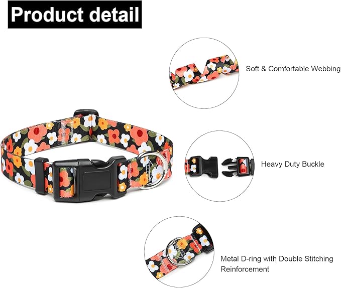 Adjustable Dog Collar with Patterns, Ultra Comfy Soft Nylon Breathable Pet Collar for Small Medium Large Dogs (S, Floral Orange)