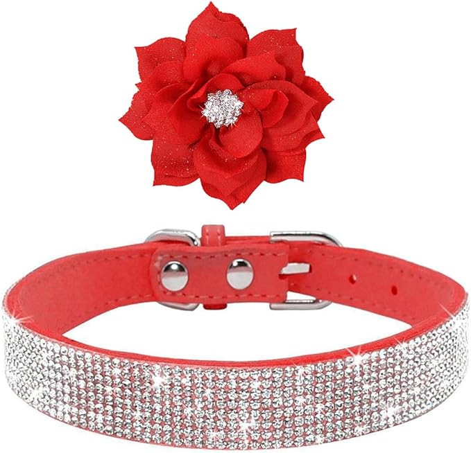 Rhinestone Dog Collar, Cute Dazzling Sparkling Soft Suede Leather Dog Cat Rhinestone Collar Crystal Diamond Pet Dog Puppy Collar (Red5, S)