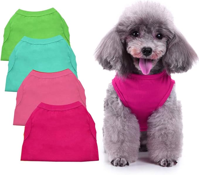 Chol&Vivi Cat T-Shirt Clothes Soft and Thin, 4pcs Blank Dog Shirts Cotton Clothes Sleeveless Fit for Small to Extra Large Size, Pet Tank Top for All Breeds, Light Blue/Green/Pink/Rose Red, XX-Small