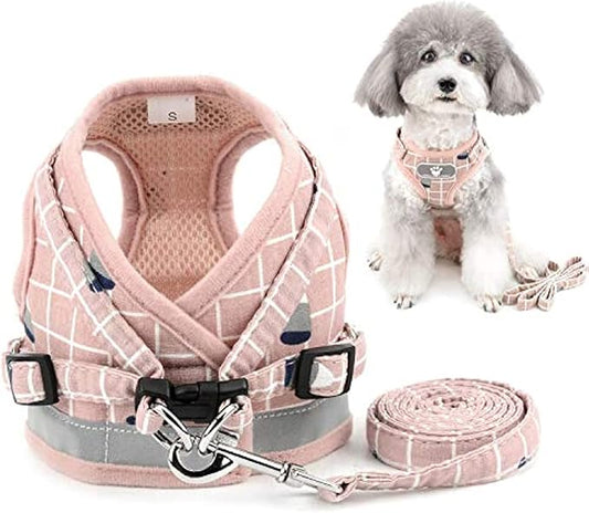 Zunea No Pull Small Dog Harness and Leash Set Adjustable Reflective Step-in Chihuahua Vest Harnesses Mesh Padded Plaid Escape Proof Walking Puppy Jacket for Boy Girl Pet Dogs Cats Pink S
