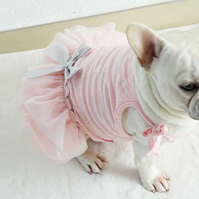 Moorfowl French Bulldog Princess Pink Tutu Dress Summer Vest Gauze Skirt for Pug Corgi Doggie Party Tulle Dress with Bowknot Fashion Outfits (XS(Back 11.02"-11.81",Chest 18.11"-19.68"))