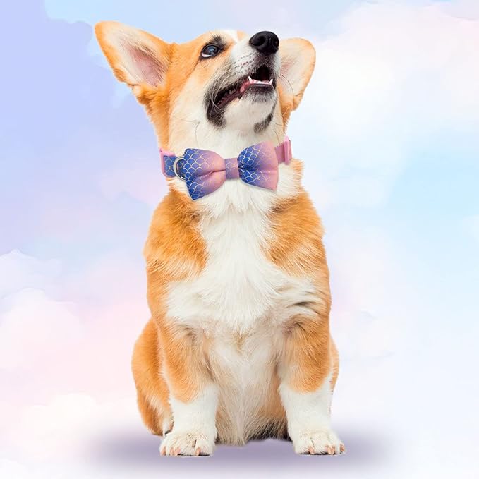 azuza Bowtie Dog Collar Mermaid, Soft & Comfy Dog Collar with Removable Bow Gradient Color Size Adjustable Dog Collars for Large Dogs