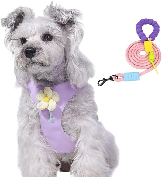 Dog Harness and Leash Set with 2 Flower Patches, No Pull Adjustable Puppy Harness, Step in No Chock Dog Vest for Small Medium Dogs Puppy and Cats(Purple, S)