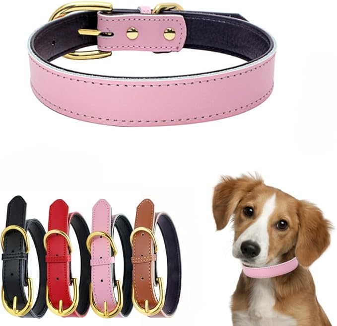 Genuine Leather Dog Collar with Airtag Holder, Soft Real Cowhide Two-Tone Padded, Gold Buckle Durable Pet Cat Collars Adjustable for Small Medium Large Hound Terrier Puppy, Pink S