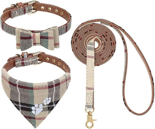 EXPAWLORER Dog Collar and Leash Set - Embroidered Pawprints Plaid With Bow Tie and Bandana, Adorable for Dogs Cats Outdoor Walking, Beige M