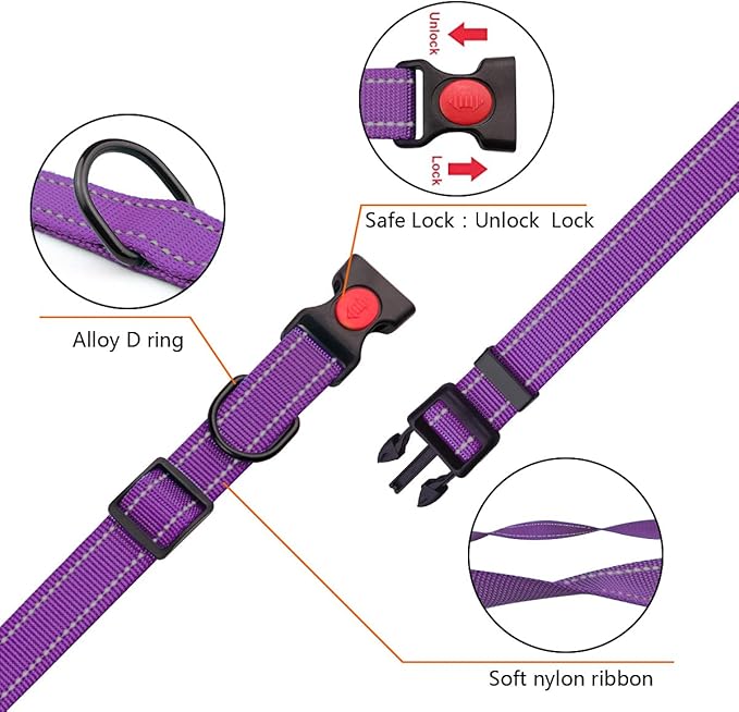 Reflective Dog Collar and Leash Set with Safety Locking Buckle Nylon Pet Collars Adjustable for Small Medium Large Dogs 4 Sizes(Purple&L)