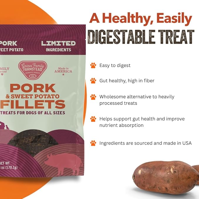 Gaines Family Farmstead Sweet Potato & Pork Dog Treats – Tastes Like Bacon, Natural, Grain-Free, High Protein, Limited Ingredient, Healthy Chews and Training Treats for Dogs, Made in USA, 6 oz