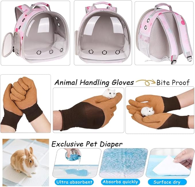 Portable Small Animal Backpack with Pink Flower Printing, Space Capsule Bubble Pet Carrier Cage Travel for Guinea Pig, Rabbit, Hamster, Bird, Bearded Dragon, Sugar Glider, Squirrel, Tortoise, Lizard
