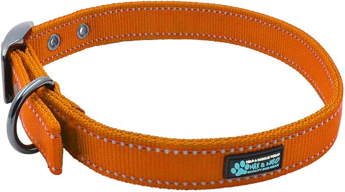 Max and Neo MAX Reflective Metal Buckle Dog Collar - We Donate a Collar to a Dog Rescue for Every Collar Sold (Small, Orange)