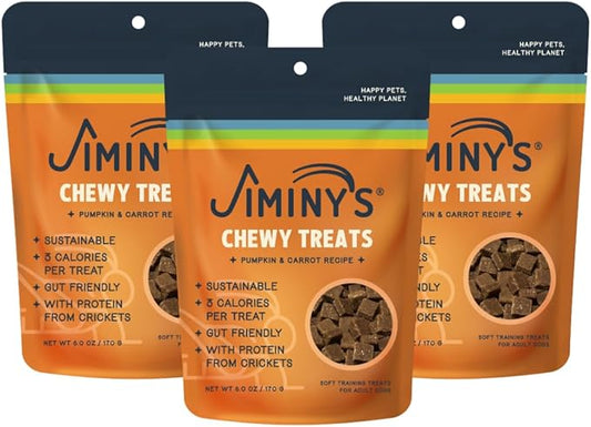 Jiminy's Chewy Cricket Training Treats for Dogs, Low Calorie, Hypoallergenic, Made in USA, 6oz, Pumpkin & Carrot (Pack of 3)