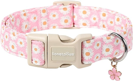 Lionet Paws Floral Dog Collar- Cute Daisy Pink Dog Collars with Plastic Buckle, Light Adjustable Dog Collars for Medium Dogs