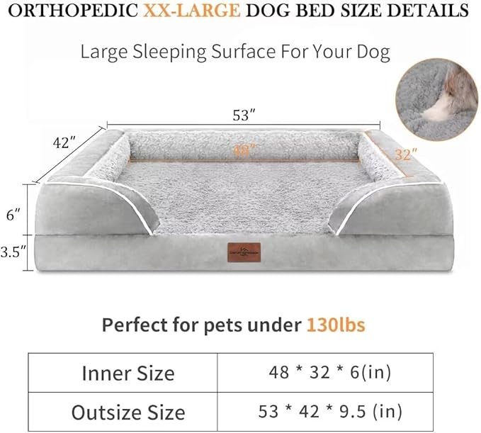 Comfort Expression XXL Orthopedic Foam Dog Bed for Extra Large Dogs, Waterproof Orthopedic Dog Beds, Washable Dogs Sofa Beds with Removable Cover & Non-Slip Bottom(XX-Large,Grey White)