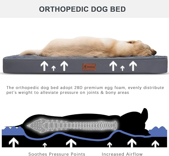 MIHIKK Waterproof Extra Large Dog Bed Orthopedic Dog Beds for Crate with Removable Washable Cover Egg-Crate Foam Pet Pad Mat with Anti-Slip Bottom, 44x32 Inch, Grey