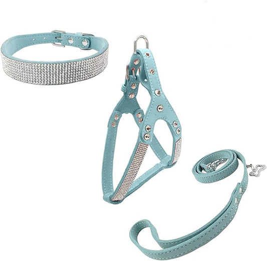 Dog Collar & Harness & Lead Sets Fashion Dog Collar Diamante with Harness & Leashes Comfortable Soft Collar Harness and Leashes Set for Dog - Blue - XS