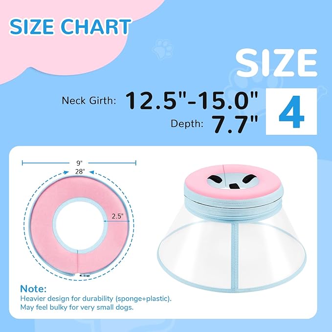 Sponge Core Dog Cone, Inflatable Dog Cone Collar Alternative, Dogs Donut Collar After Surgery, Soft Cone for Large Medium Small Dogs to Stop Licking, No Inflation Required, Clear View(Size 4, Pink)