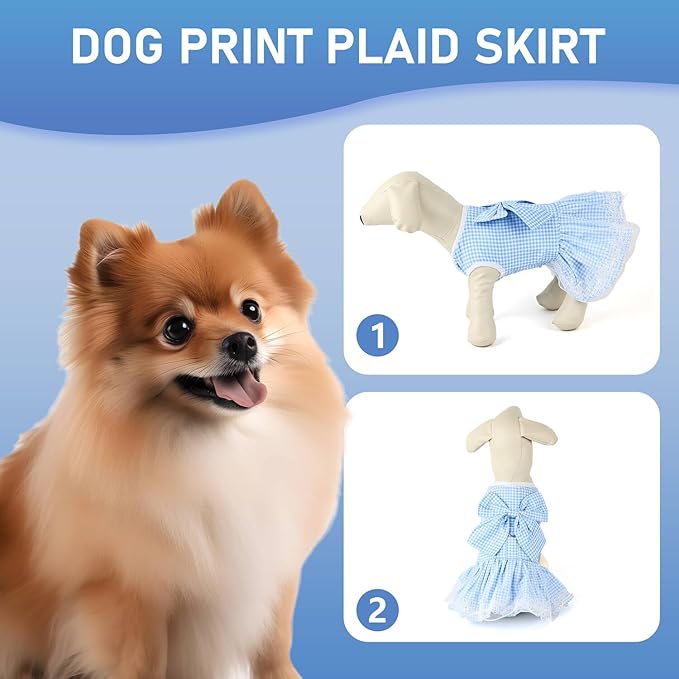 Dog Dress Plaid with Bowknot Cute Dress for Small Dog Cat Puppy Outfits with Harness Leash（ Blue，X-Large ）