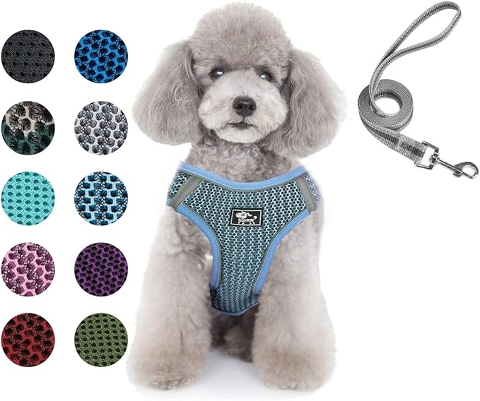 Dog and Cat Universal Harness with Leash - Cat Harness Escape Proof - Adjustable Reflective Step in Dog Harness for Small Dogs Medium Dogs - Soft Mesh Comfort Fit No Pull No Choke Light Blue S