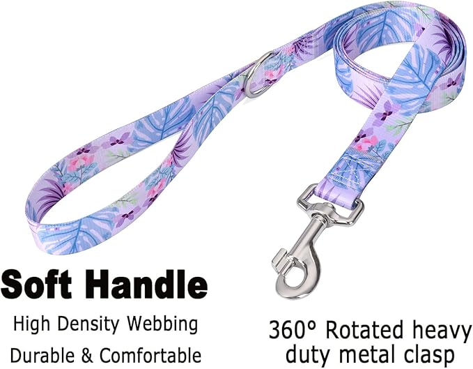 Dog Collar and Leash Set with Bohemia Floral Tribal Geometric Patterns - Soft Ethnic Style Collar Adjustable for Small Medium Large Dogs(Purple Flower Flower Set,M)