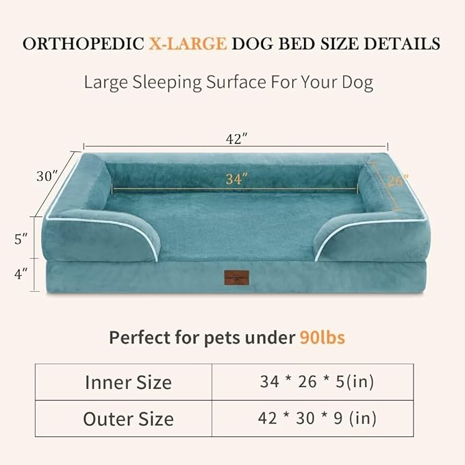 Comfort Expression Orthopedic Foam XL Dog Beds Waterproof, Extra Large Dog Bed with Bolster, Washable Pet Sofa Couch with Removable Cover & Non-Slip Bottom(X-Large,Washed Blue)