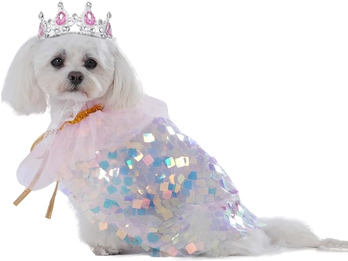 FLAdorepet Dog Princess Dress Costume with Rhinestones Crown,Pet Cat Cape Cloak Birthday Party Wedding Dress Up Outfits,Rainbow Mermaid Halloween Costume Clothes for Small Medium Large Dogs,Medium