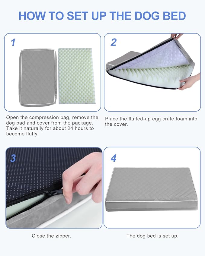 KSIIA Orthopedic Dog Bed Medium Size Dog with Removable Machine Washable Cover Waterproof Crate Pad with Egg Crate Foam and Non-Slip Bottom, 29x18 Inch, Light Gray