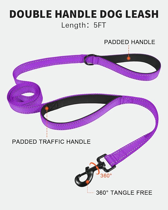 FunTags Reflective Martingale Collar for Dogs, Quick Release Buckle, 5FT Double Handle Dog Leash Padded, Dog Collar and Leash Set, Adjustable for Small Dogs (Purple, S)