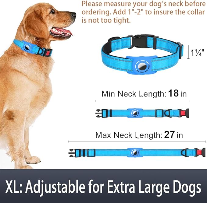 Airtag Dog Collar with AirTag Holder for Large Dogs, Reflective, Soft Padded & Safety Locking Buckle, Nylon Pet Collars Adjustable for All Breeds, SkyBlue,XL