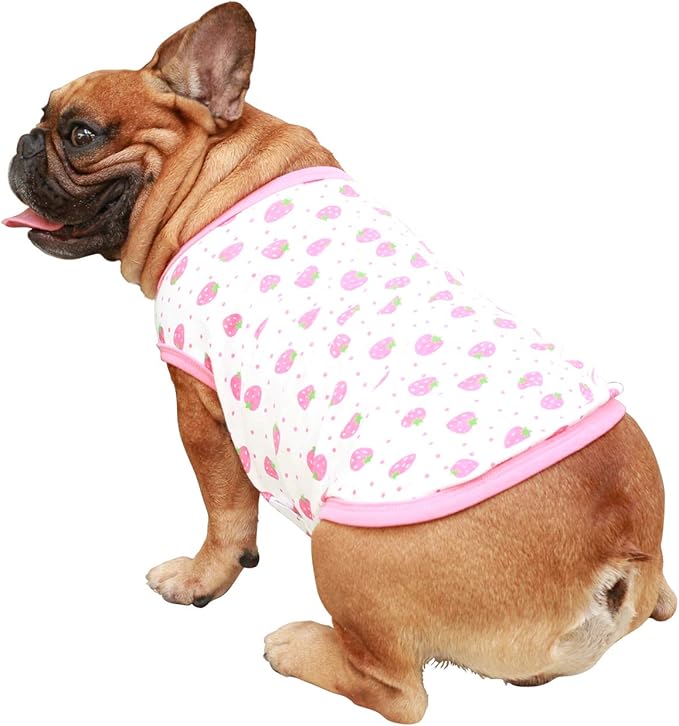 iChoue 100% Breathable Cotton English Bulldog Halloween Cartoon T Shirts Cute Clothes for Medium Large Dogs Vest Tank Tops Terrier Pitbull Strawberry - XXLarge