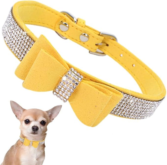 Rhinestone Dog Collar with Bow Tie, Cute Knot Crystal Bling Diamond Glitter Puppy Collars for XXS XS Small Medium Large Pet Girls Dogs Female Cats, Yellow Small