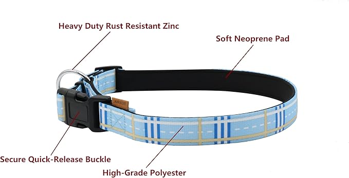 Dog Collar, Cute Stripe Pattern, Neoprene Padded and Adjustable Collar with Quick Release Buckle, Reinforced Structure (L (Neck 18-28", Width 1"), Stripe Blue)
