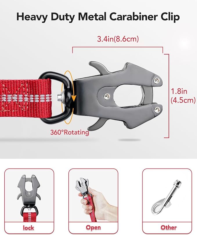 Joytale Tactical Dog Leash Heavy Duty, 4-6FT Shock Absorbing Bungee Lead with 2 Padded Handle, Metal Carabiner Clip, Car Seatbelt, Strong No Pull Leash for Medium Large X-Large Dogs, Red