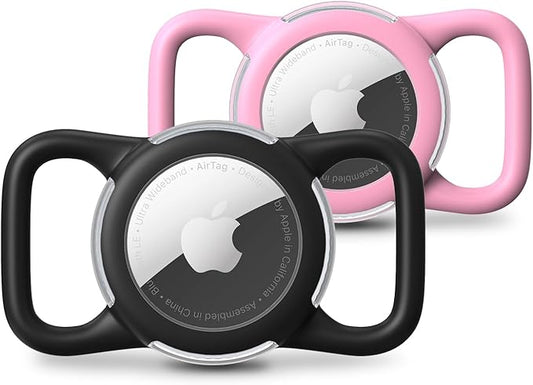 Waterproof Airtag Dog Collar Holder, Silicone & ABS Airtag Holder for Dog & Cat Collars, Ultra-Durable, Lightweight and Protective Airtag Case (Black & Pink, Regular)