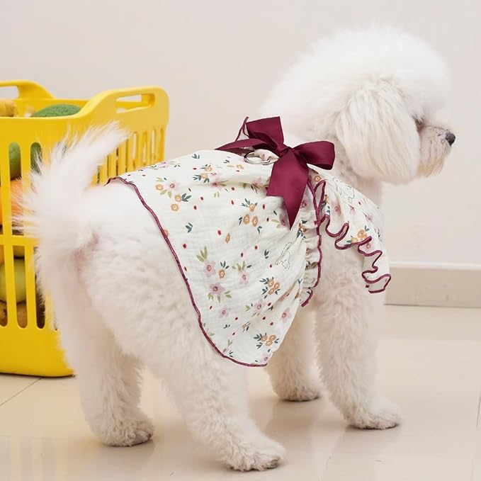 CuteBone Cotton Dog Dress Flowers with Leash Ring & Sleeve Ruffles, Soft & Breathable, Stylish Pet Clothes Outfit for Small Dogs, Comfortable & Easy to Wear CFX03S
